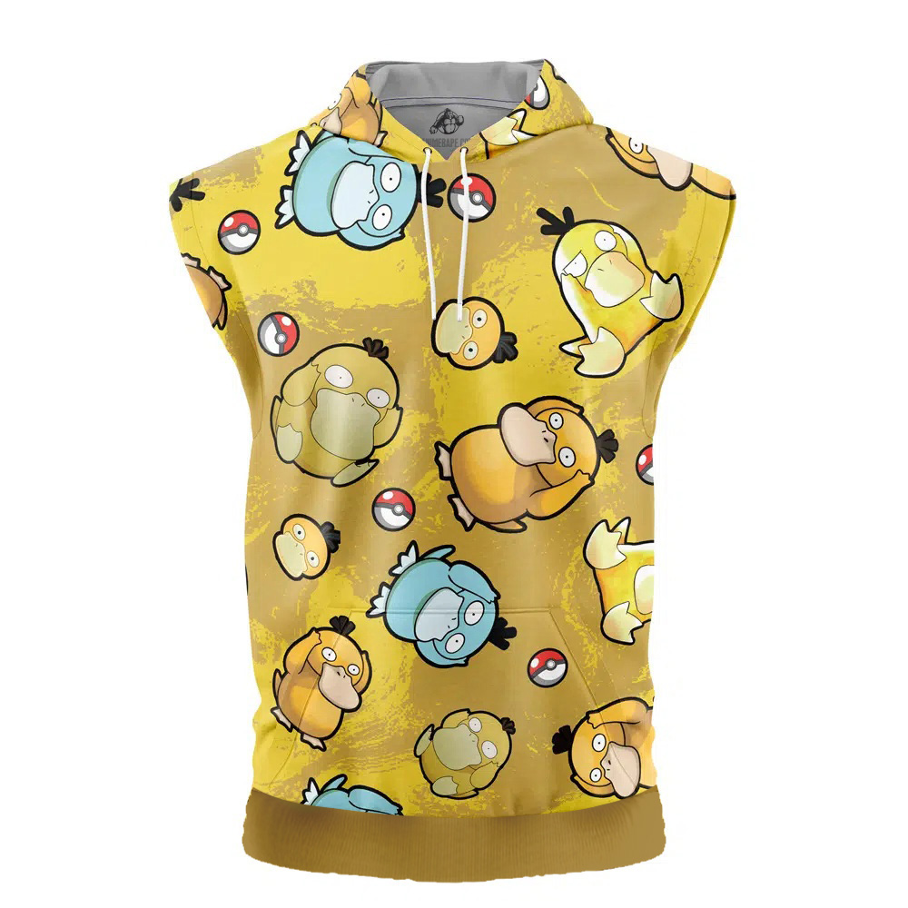 Psyduck Pattern Pokemon Cut Off Sleeveless Workout Hoodie