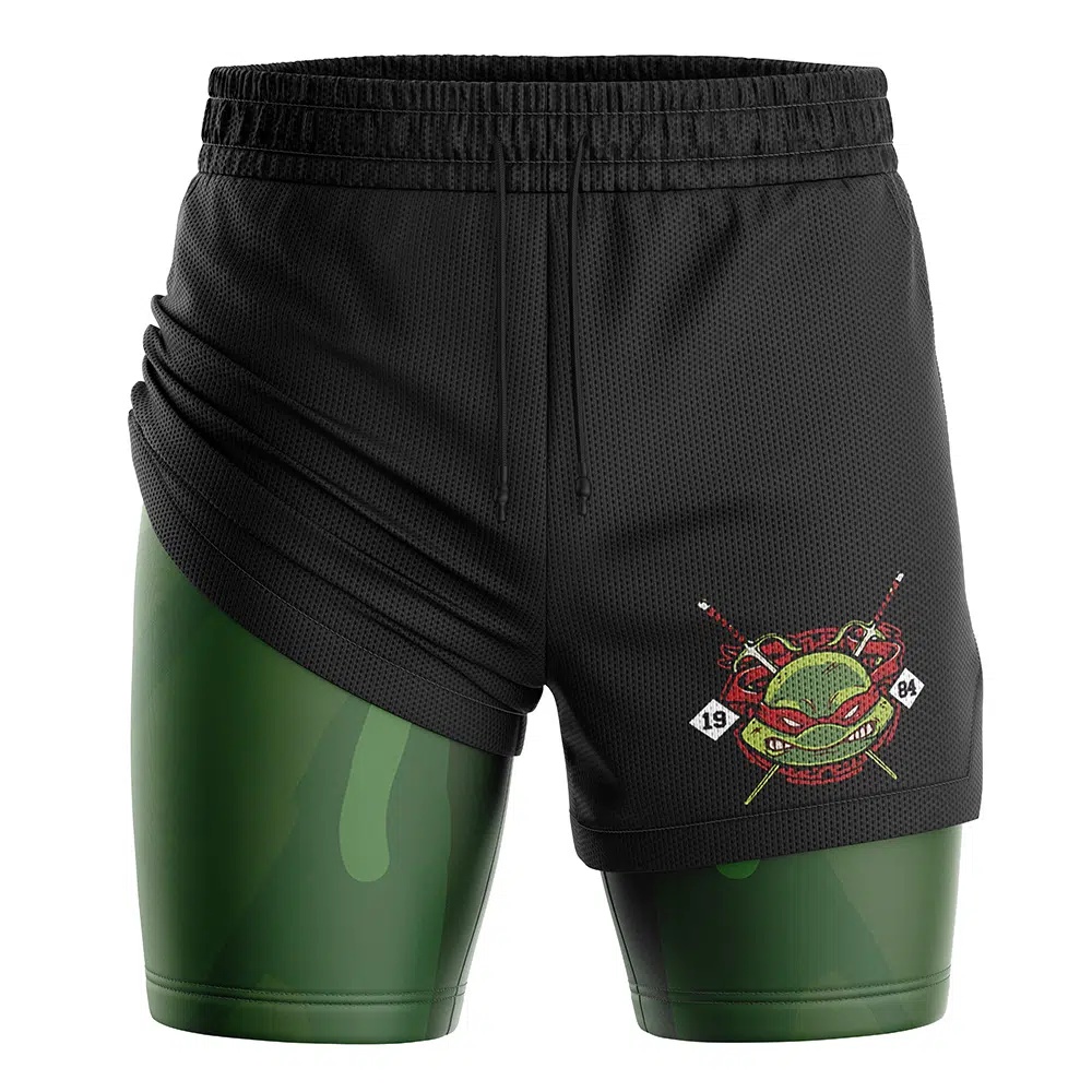 Raphael Face Teenage Mutant Ninja Turtles Compression Workout Training Shorts (2-in-1)