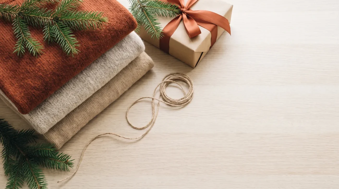 Return of the anime sweater: festive flat lay of folded knit sweaters, pine sprigs and a wrapped gift box