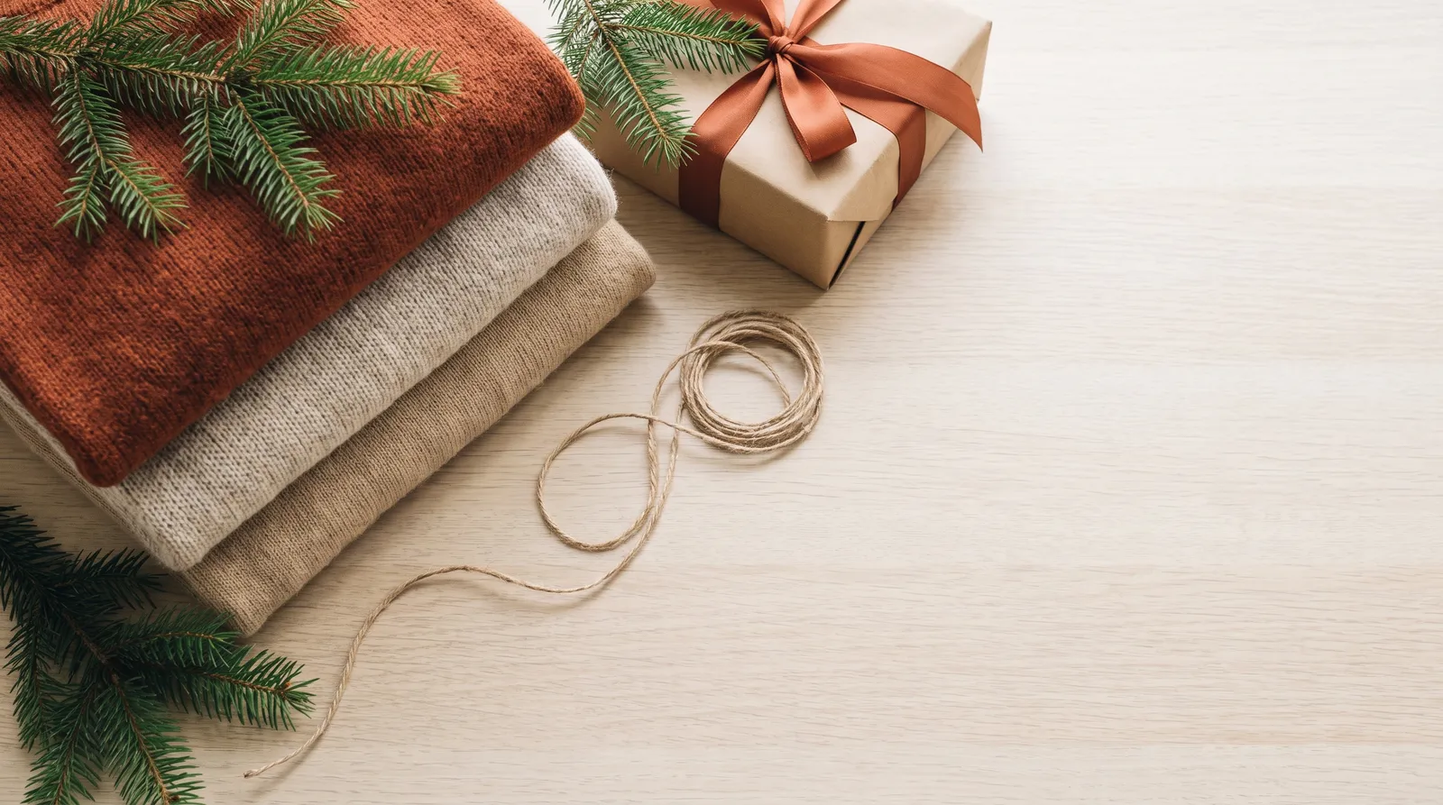 Return of the anime sweater: festive flat lay of folded knit sweaters, pine sprigs and a wrapped gift box