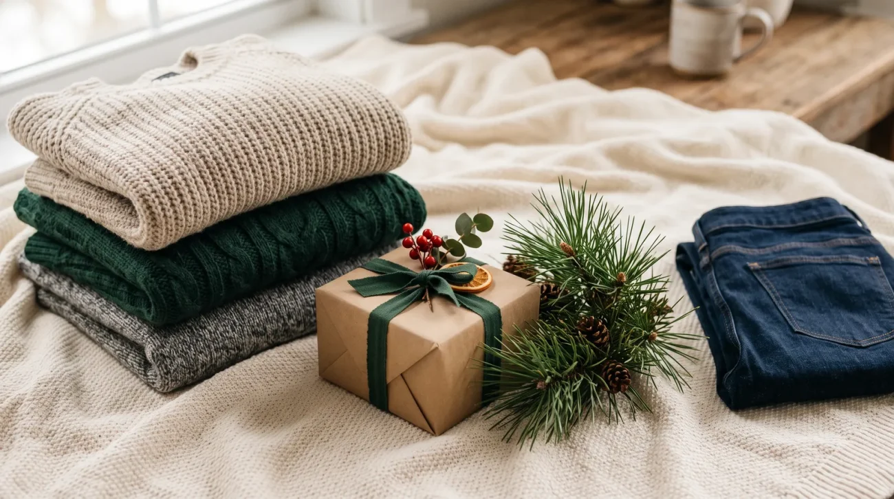 Anime Christmas gifts 2025: festive flat lay of folded knit sweaters, pine sprigs and a wrapped gift box