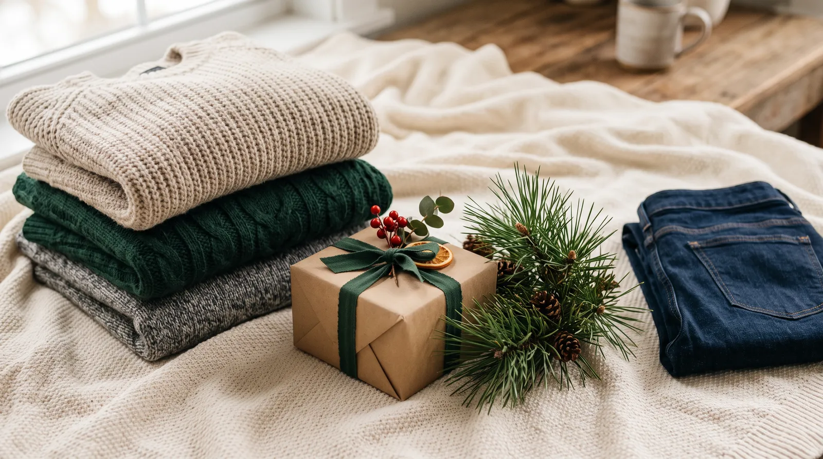 Anime Christmas gifts 2025: festive flat lay of folded knit sweaters, pine sprigs and a wrapped gift box