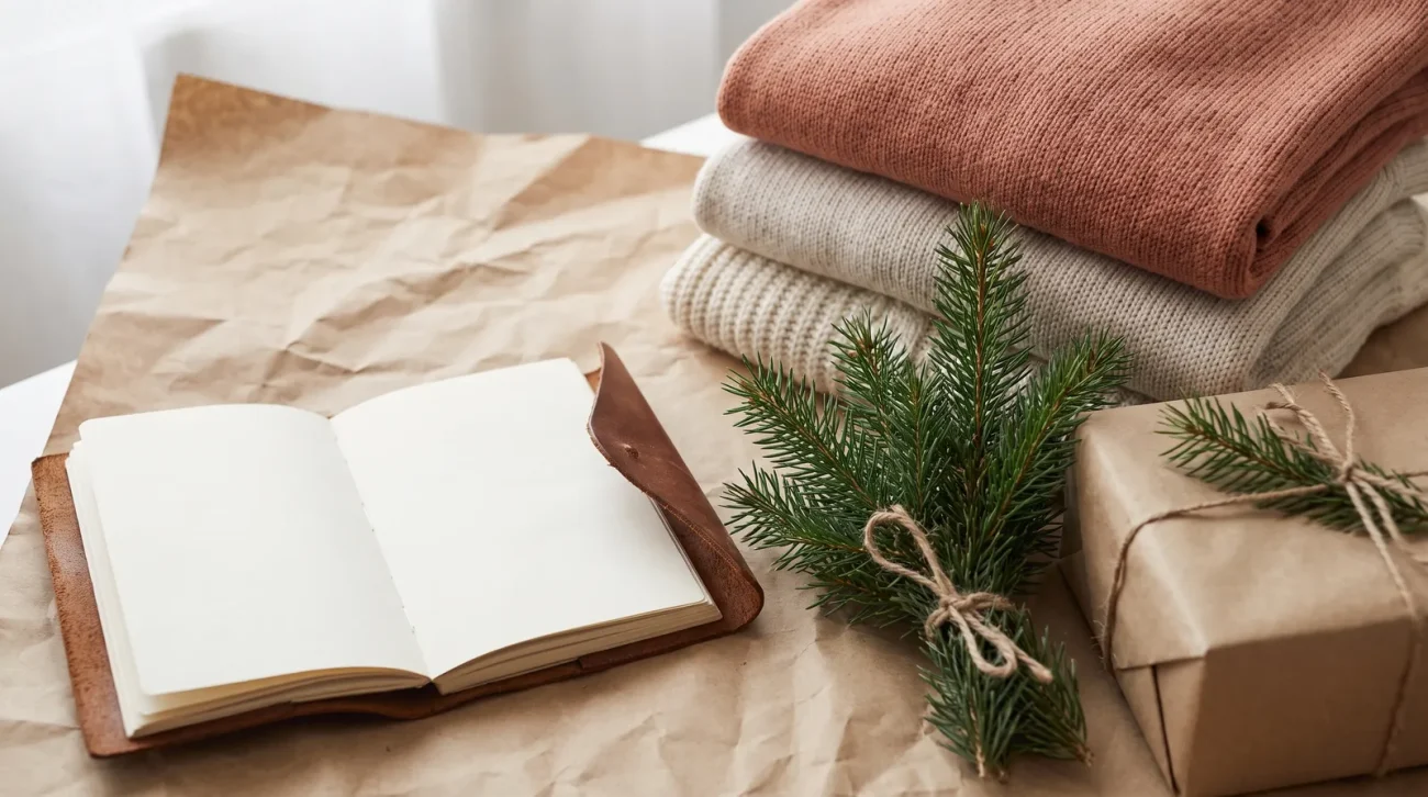 Choose the perfect animebape gifts: festive flat lay of folded knit sweaters, pine sprigs and a wrapped gift box