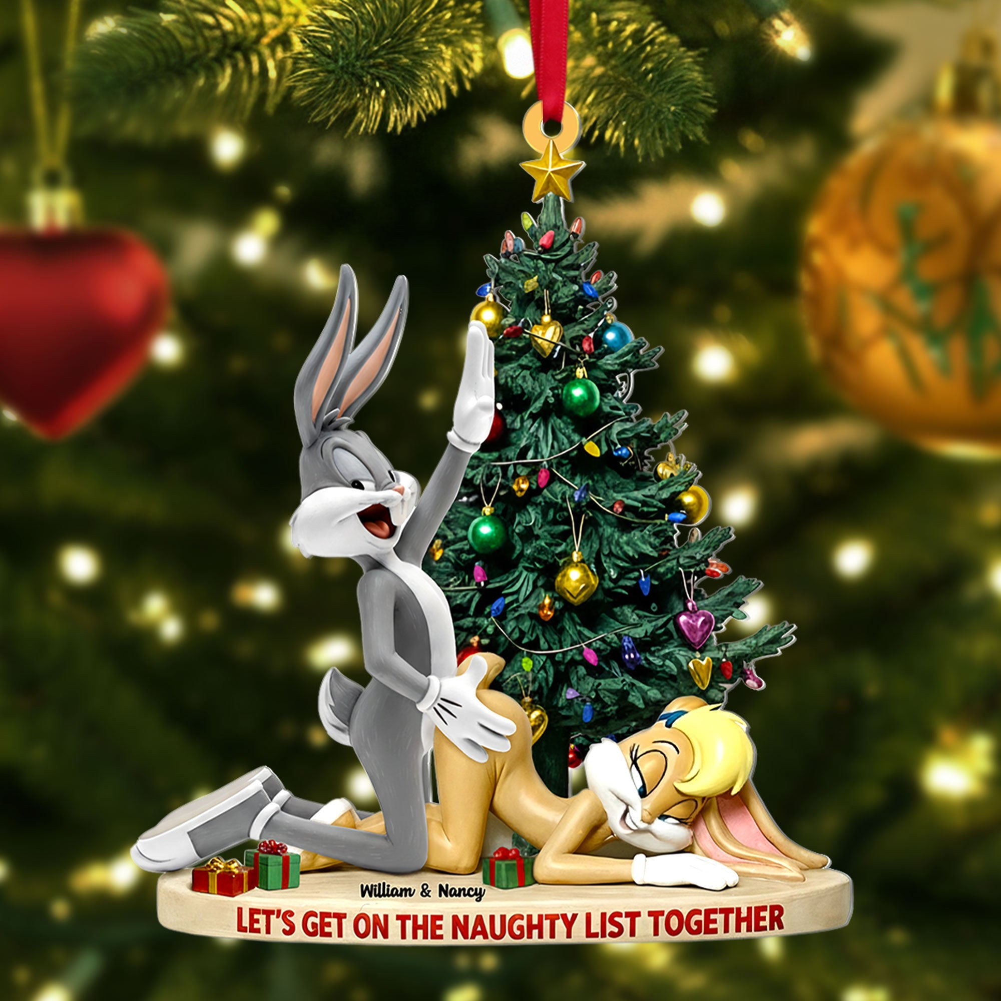 Let's Get on the Naughty List Together Joyful Looney Tunes Gift for Couples Custom Name Christmas Acrylic Ornament