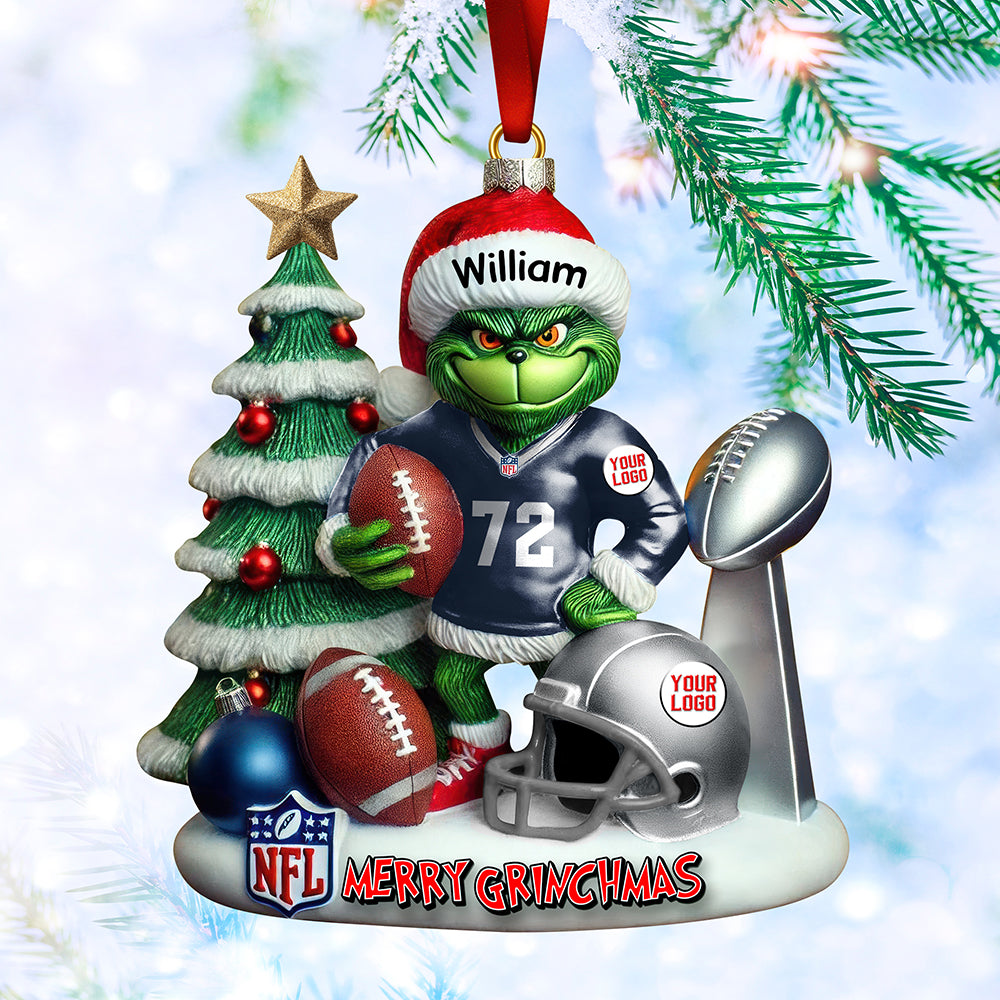 Merry Touchdown Grinch Gift for NFL Fans Black Vers Custom Name Christmas Acrylic Ornament