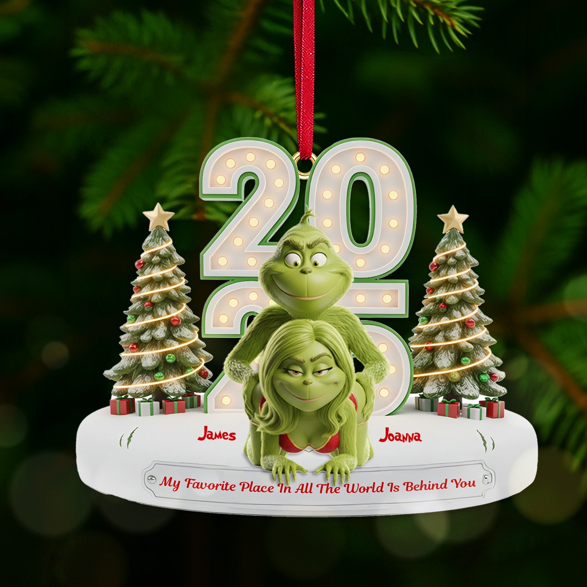 My Favorite Place In All The World Is Behind You Grinch Gift for Couples Custom Name Christmas Acrylic Ornament