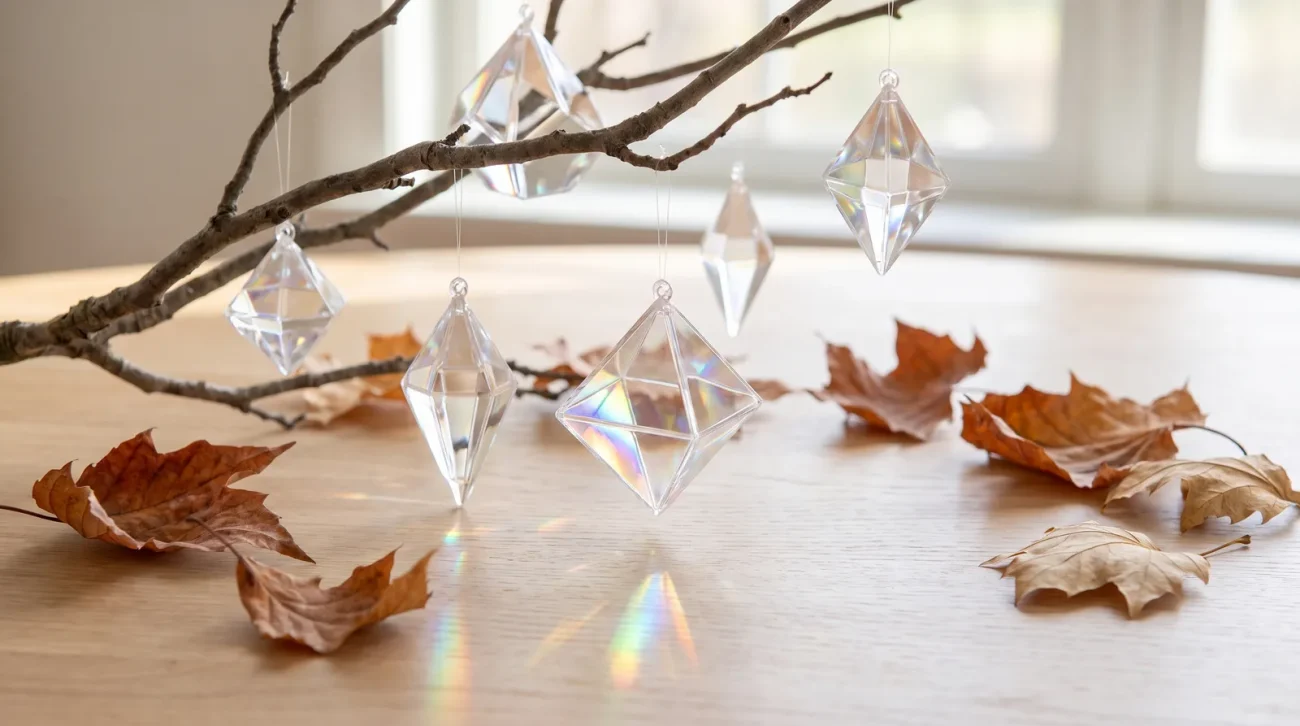 Shattered magic: festive flat lay of folded knit sweaters, pine sprigs and a wrapped gift box