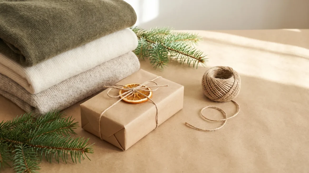 Magic of anime christmas ornaments: festive flat lay of folded knit sweaters, pine sprigs and a wrapped gift box