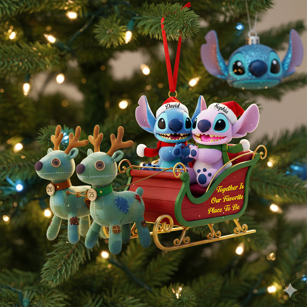 Together Is Our Favorite Place To Be Stitch and Angely for Couples Custom Name Christmas Acrylic Ornament