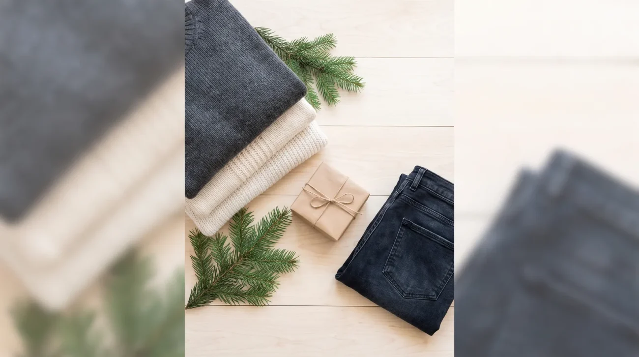 Anime christmas gifts for kids: festive flat lay of folded knit sweaters, pine sprigs and a wrapped gift box