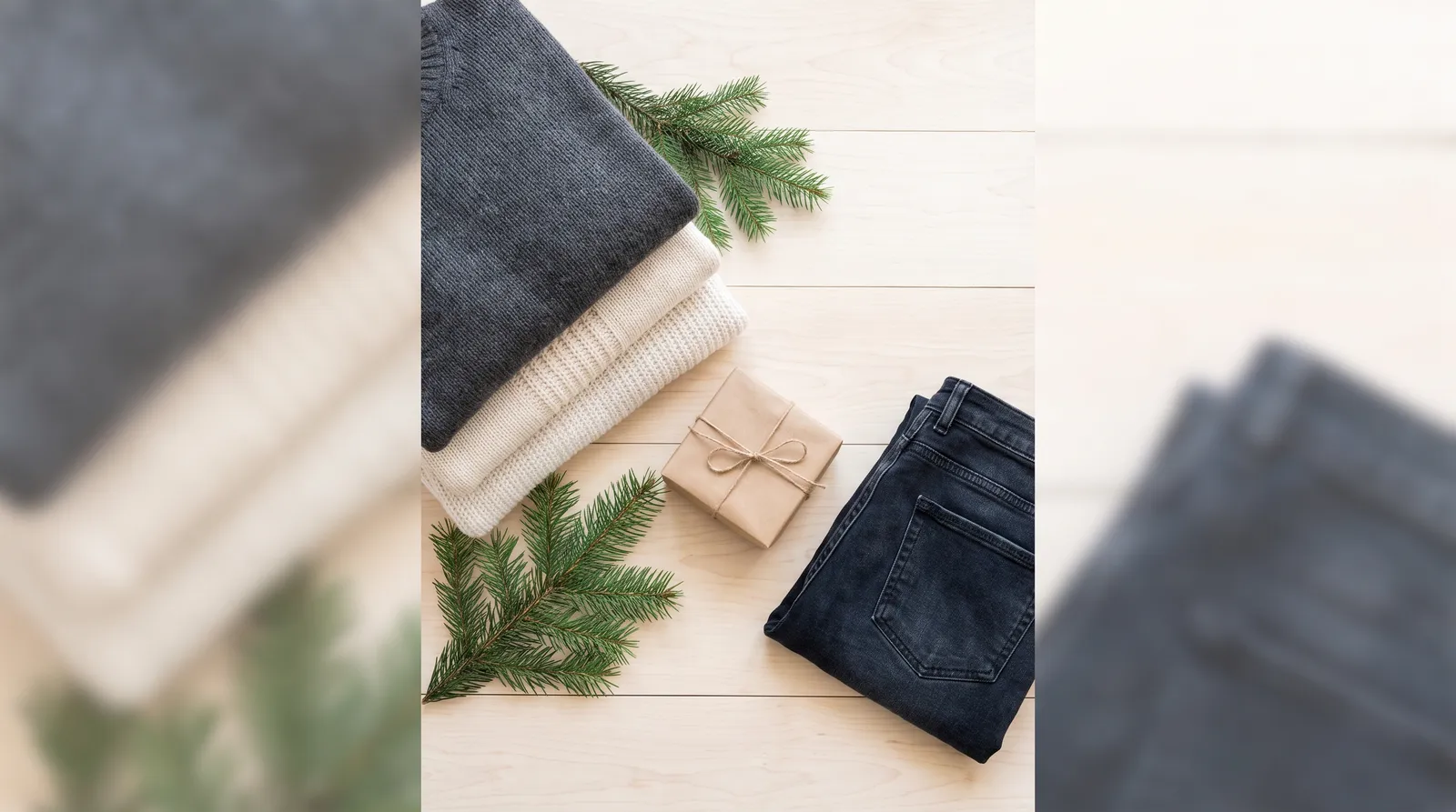 Anime christmas gifts for kids: festive flat lay of folded knit sweaters, pine sprigs and a wrapped gift box