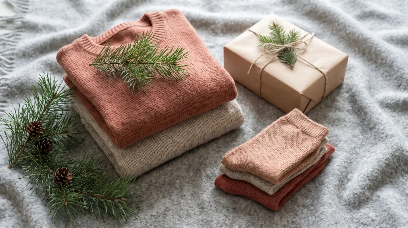 Trending anime christmas gifts ,: festive flat lay of folded knit sweaters, pine sprigs and a wrapped gift box