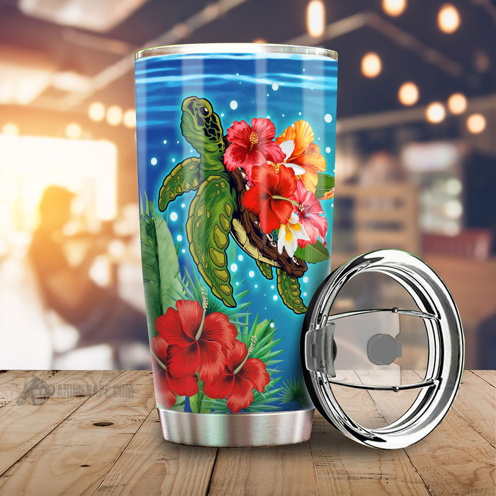 Hibiscus Plumeria Flower Turtle Tumbler Custom Sea Animal 20 oz Tumbler