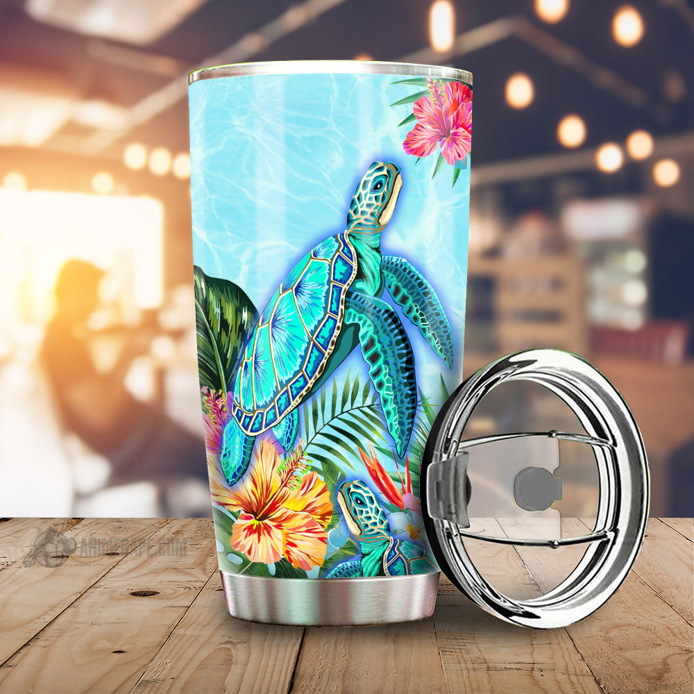 Beautiful Turtle Tumbler Custom Flower Hibiscus 20 oz Tumbler