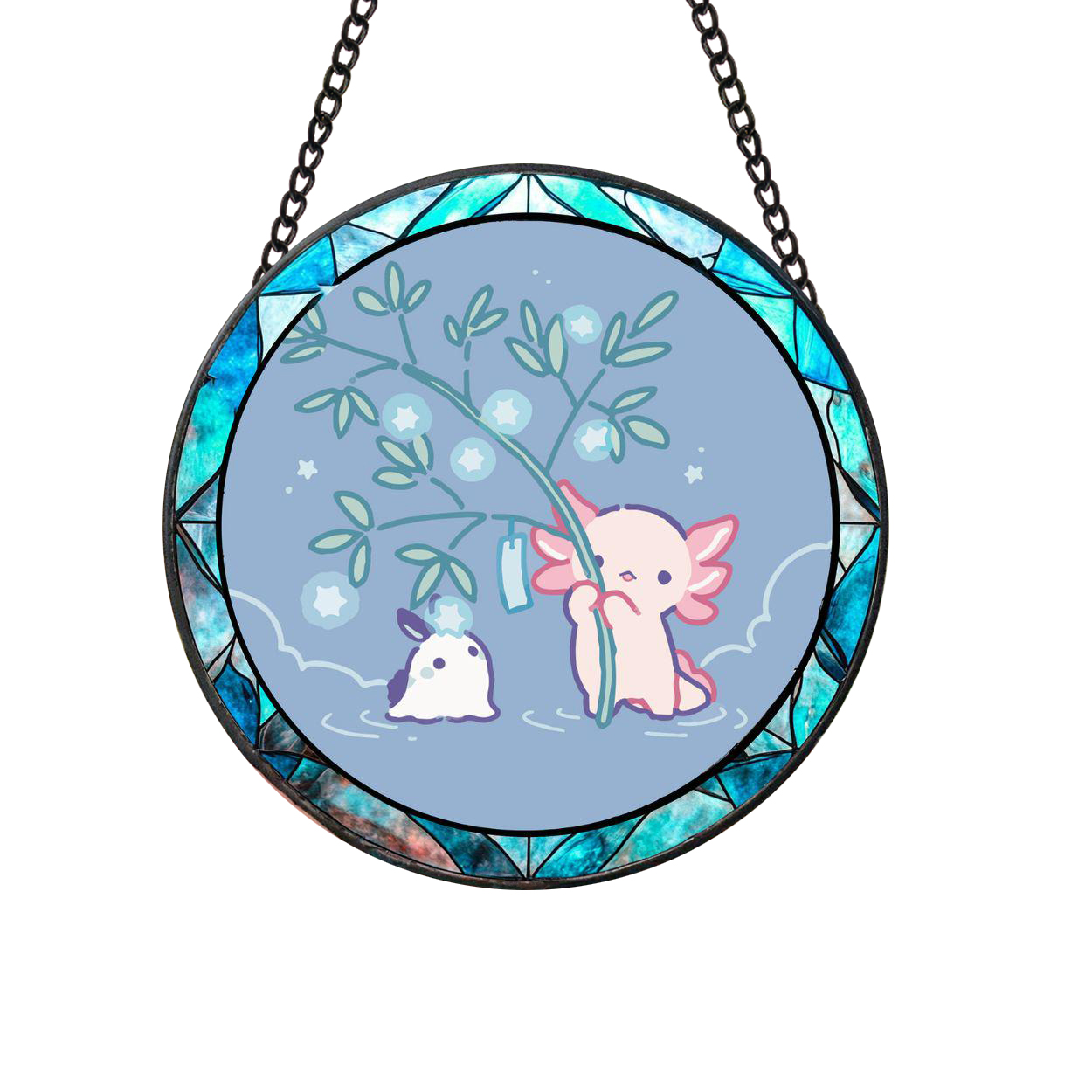 Chibi Pink Axolotl Cute Stained Glass Suncatcher - Hanging Decoration Vers 3