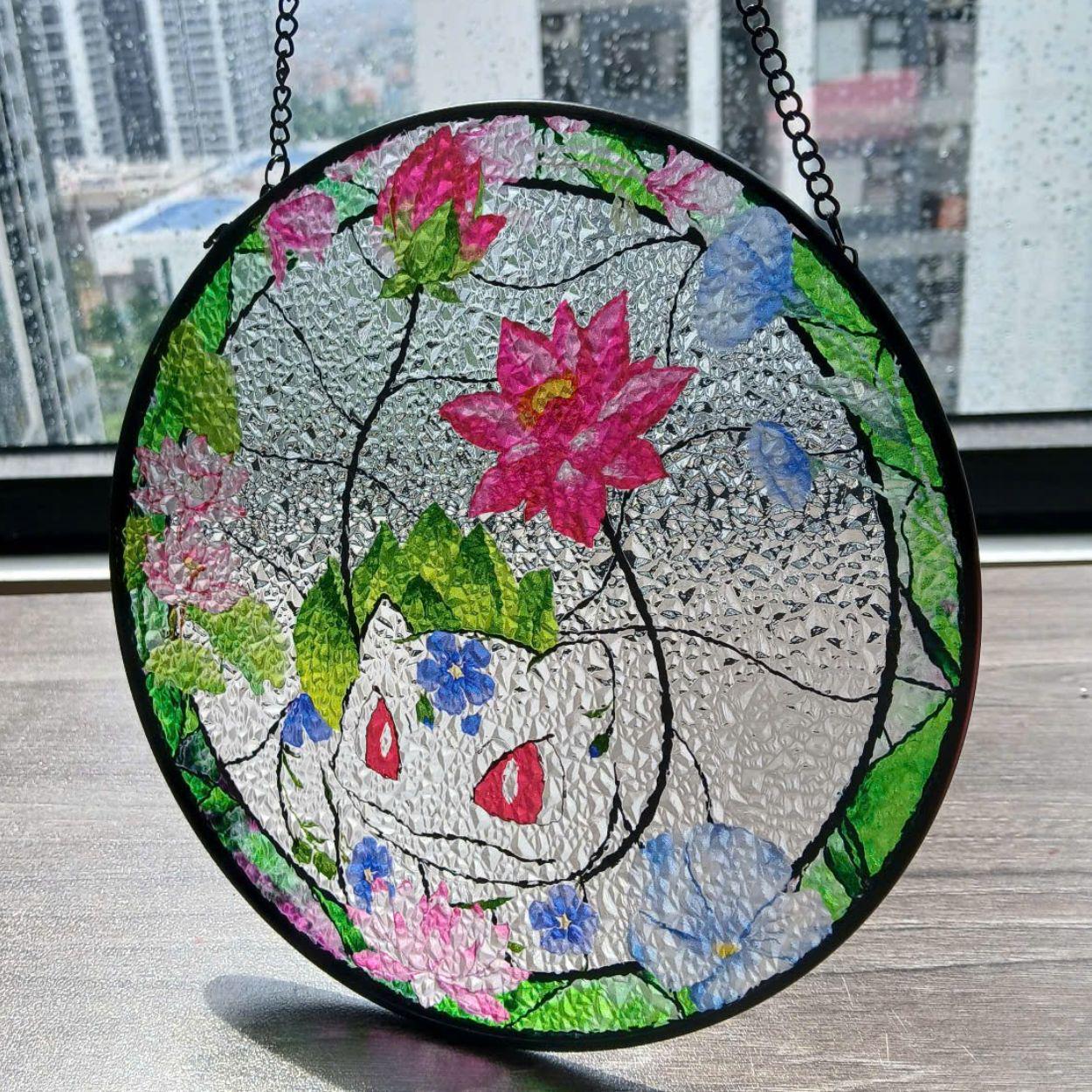 Pokemon Lotus Bulbasaur Stained Glass Suncatcher