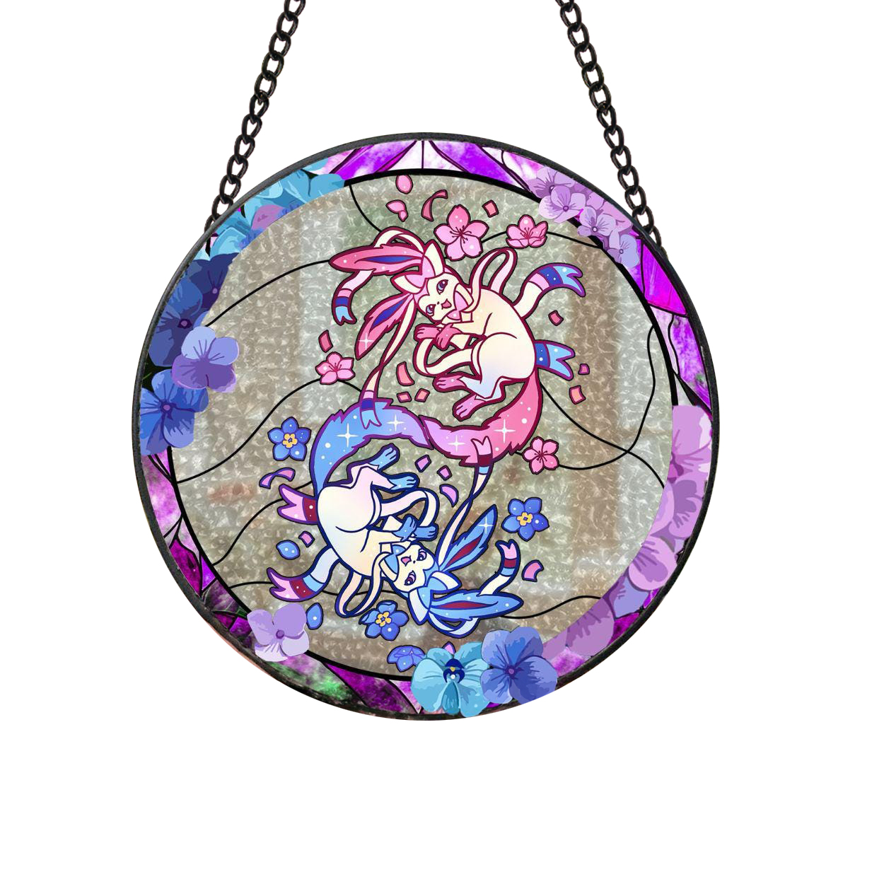 Pokemon Blue and Pink Sylveon Fun Cartoonized Stained Glass Suncatcher