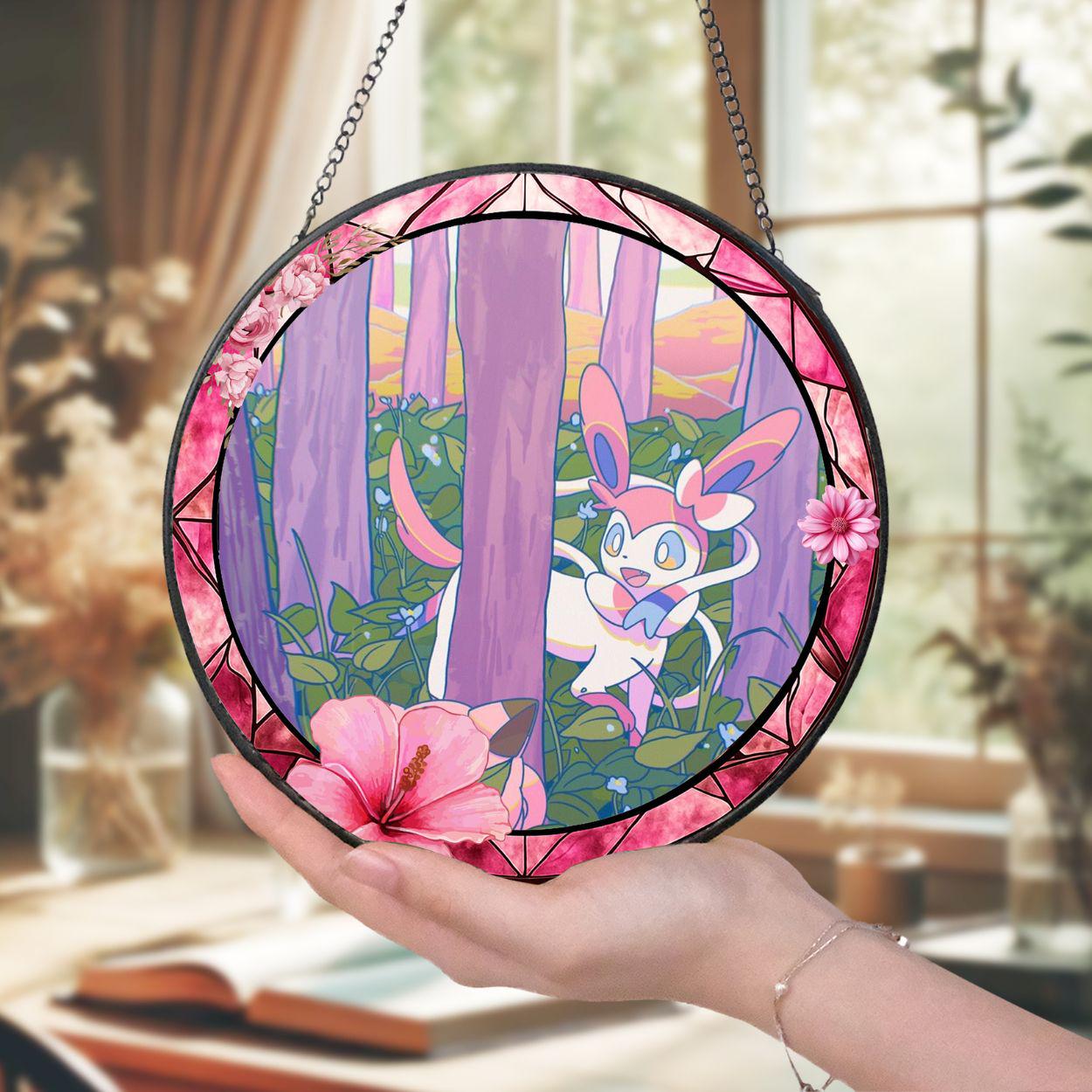 Pokemon Eevee Evolution Sylveon Blossom Stained Glass Suncatcher Vers 2