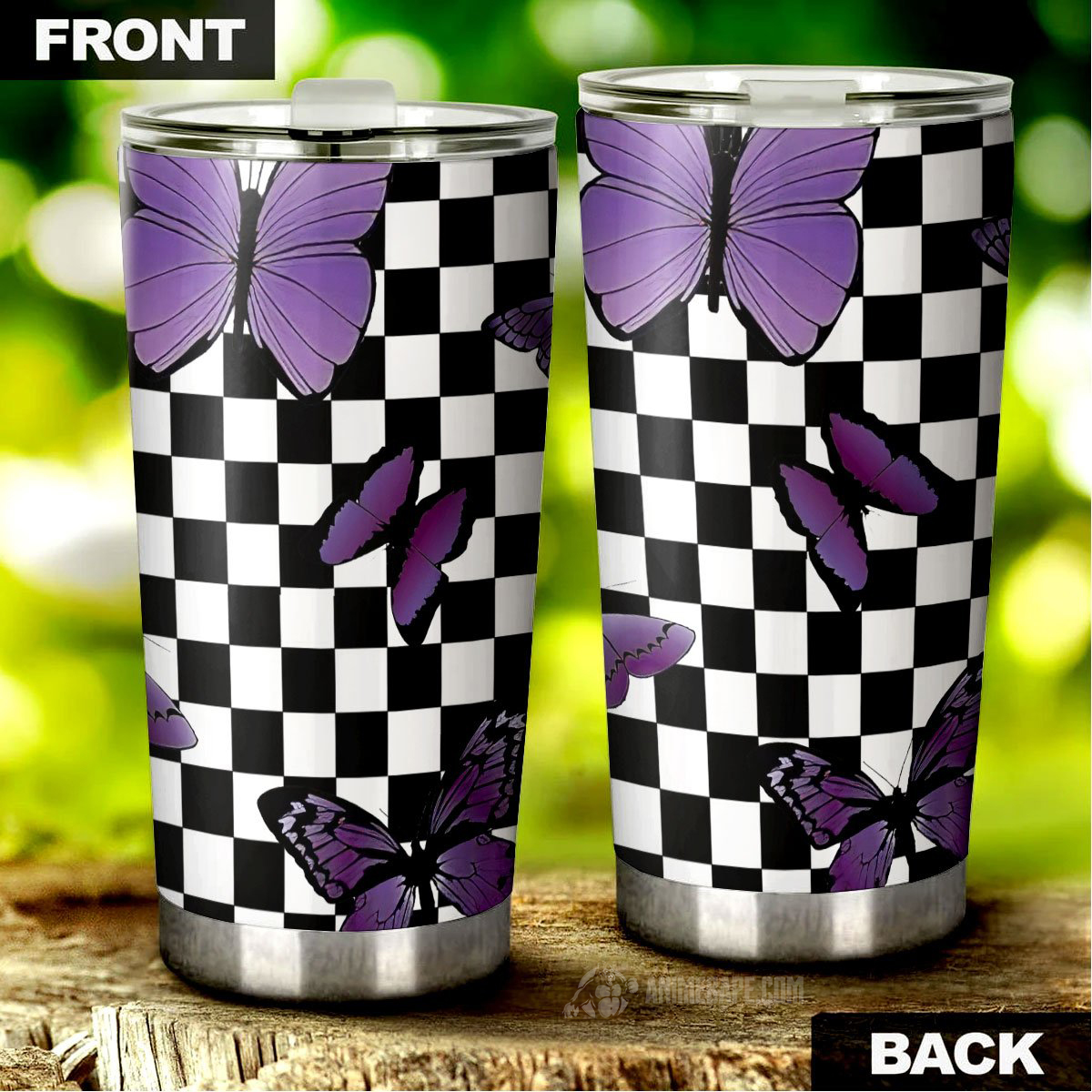 Purple Butterfly Tumbler Stainless Steel Custom Checkerboard Pattern 20 oz Tumbler