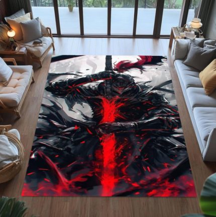 Dark Knight Warrior Rug, Red Flame Fantasy Carpet, Rectangle Rug