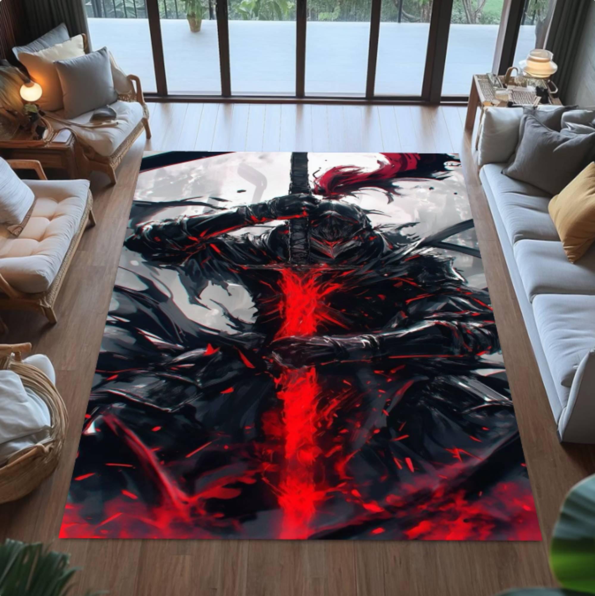 Dark Knight Warrior Rug, Red Flame Fantasy Carpet, Epic Anime Style Floor Mat, Bold Gamer Room Decor, Cool Gift for Teen Boys or Fans 3 Dark Knight Warrior Rug, Red Flame Fantasy Carpet, Rectangle Rug - Image 1