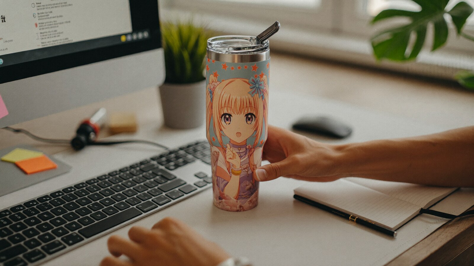 Anime-inspired 20 oz tumblers styled in a natural daylight scene