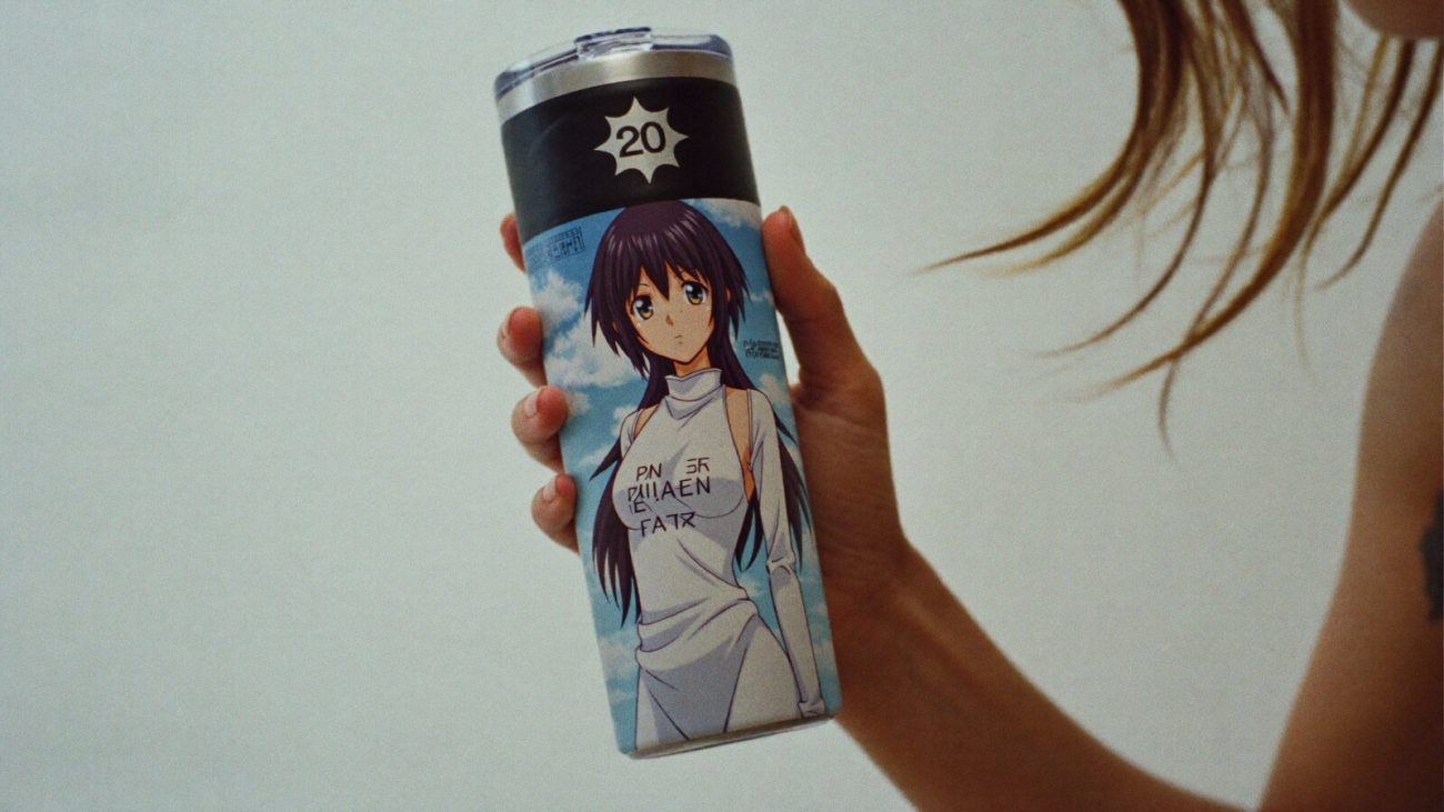 Person wearing an anime-inspired 20 oz tumblers in an editorial scene
