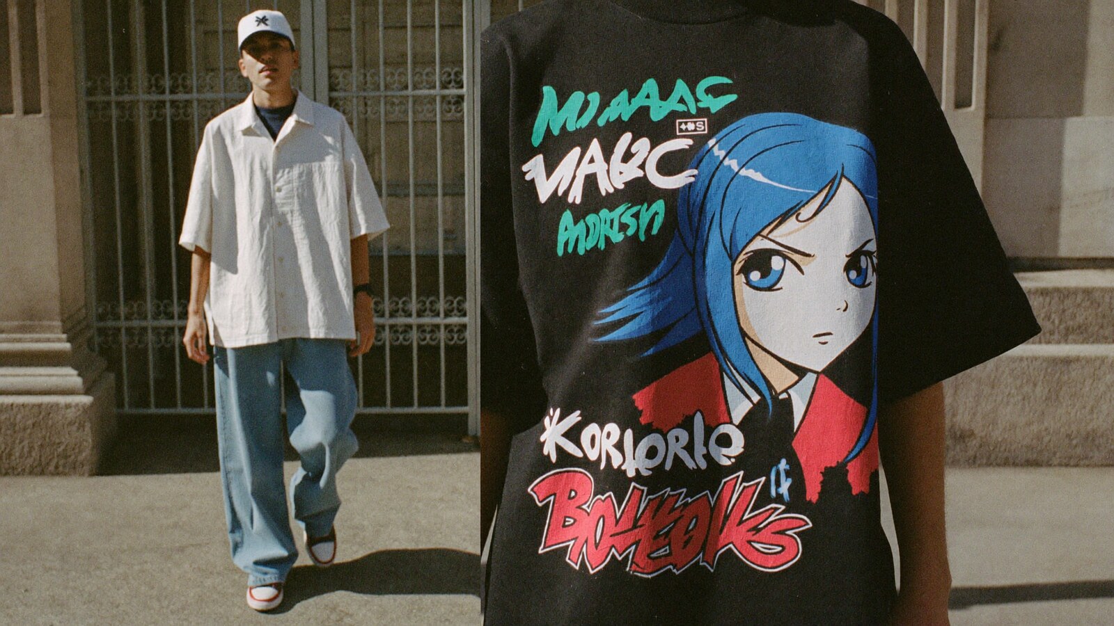 Person wearing an anime-inspired 2d anime t-shirt in an editorial scene