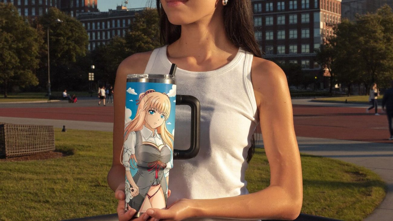 Person wearing an anime-inspired 40 oz tumblers in an editorial scene