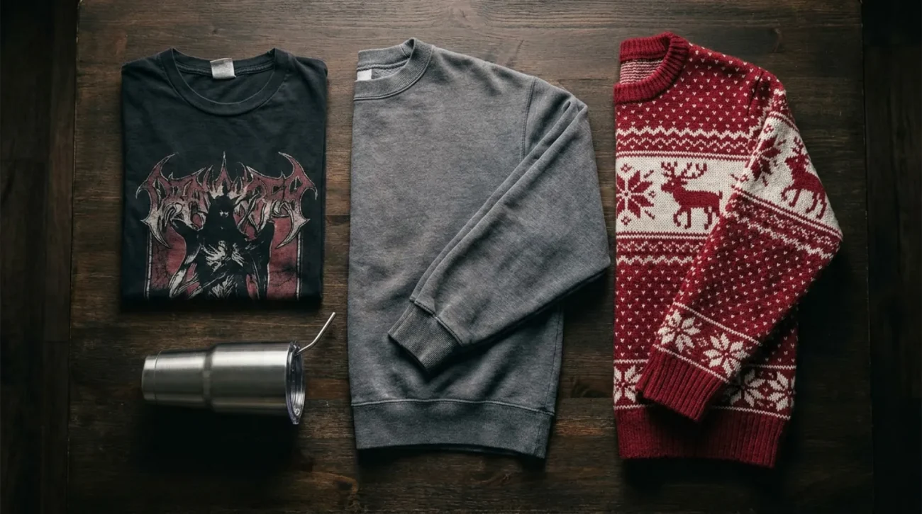 Akame ga Kill merch flat lay with vintage tee, sweatshirt, holiday sweater and tumbler in faded crimson and black