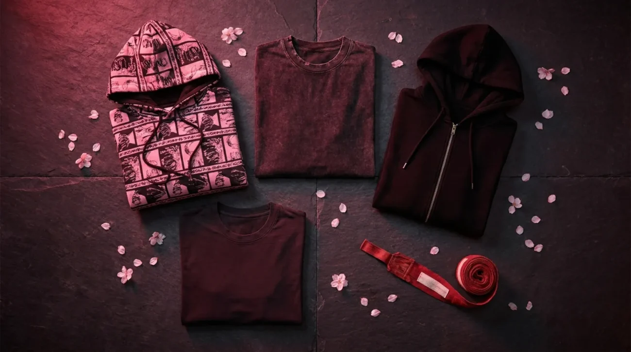 Akaza merch flat-lay with pink-and-black graphic hoodie, vintage tees and zip hoodie in a moody Demon Slayer palette
