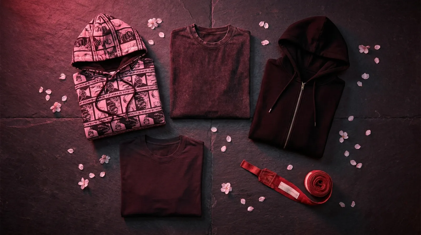 Akaza merch flat-lay with pink-and-black graphic hoodie, vintage tees and zip hoodie in a moody Demon Slayer palette