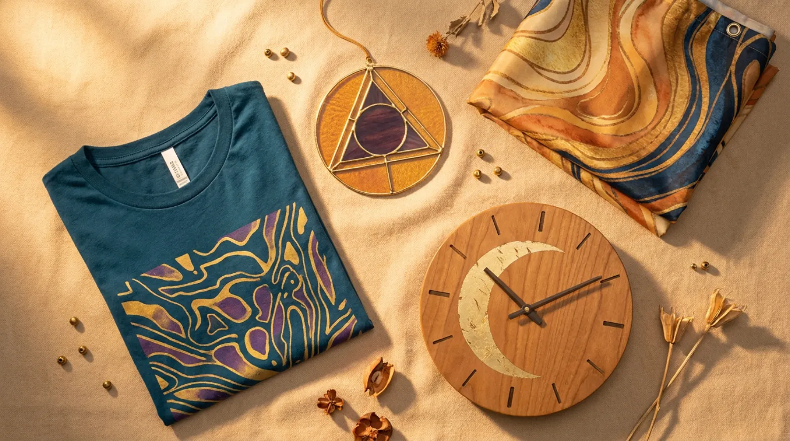 Aladdin shirt and decor flat lay with stained glass suncatcher, wall clock, and shower curtain in purple and gold