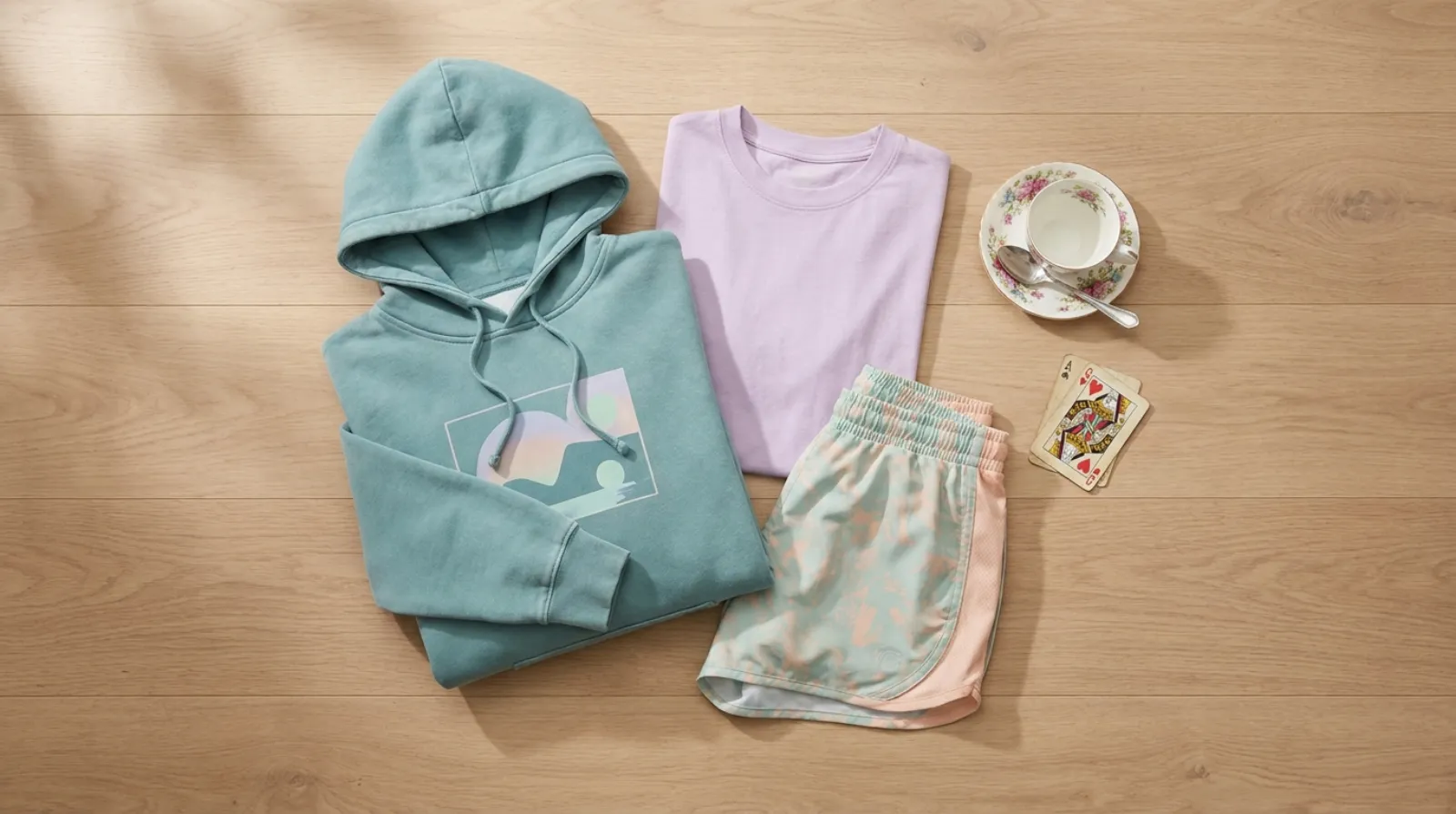 Flat-lay of a teal and purple Alice in Wonderland shirt and Cheshire Cat hoodie on light wood