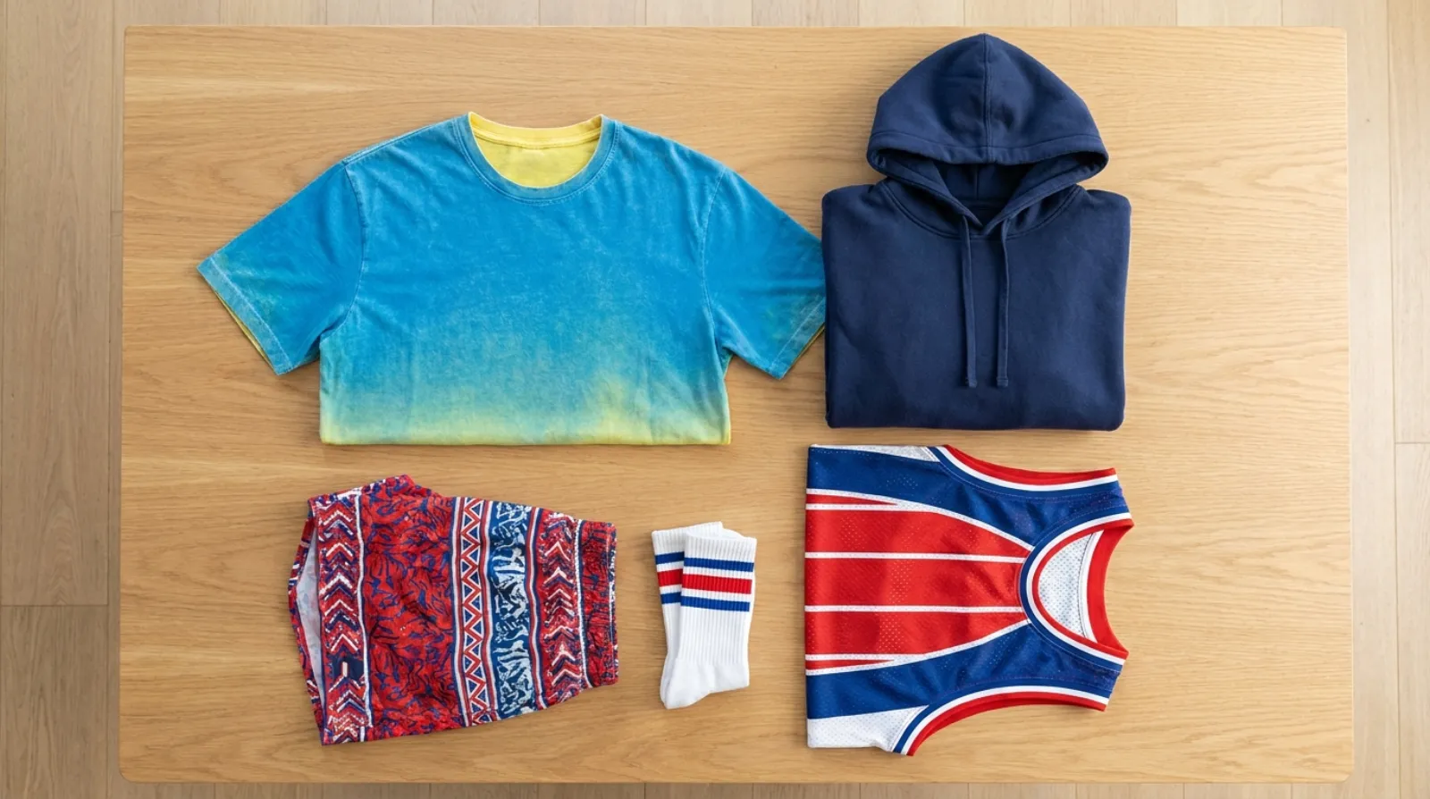 Bold red white and blue All Might merch flat-lay with tee, hoodie, jersey and board shorts on light wood