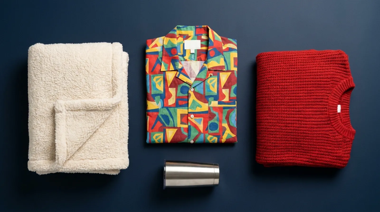 Among Us shirt apparel flat lay with patterned camp shirt, sherpa blanket and tumbler