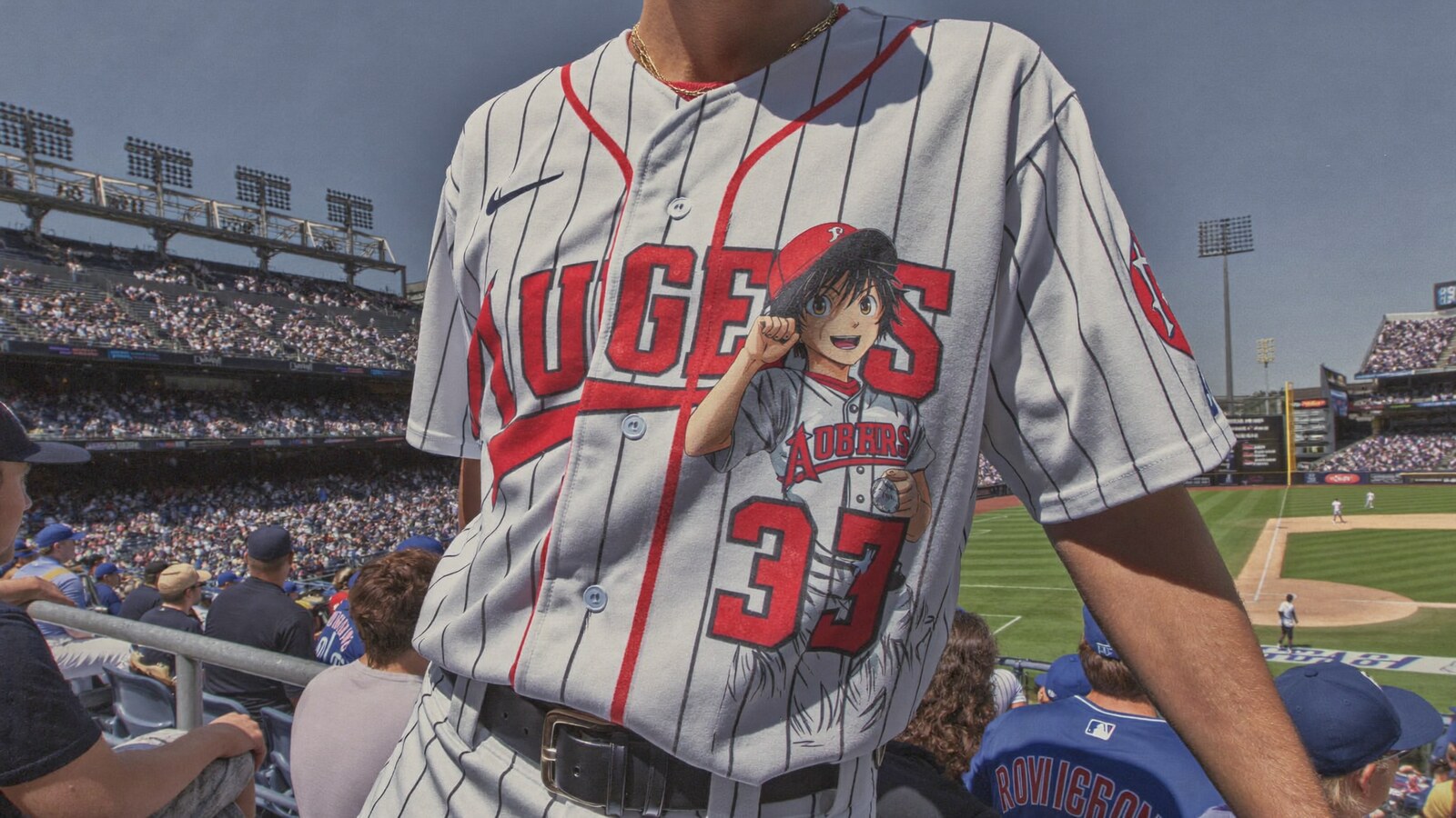 Anime-inspired baseball jerseys styled in a natural daylight scene