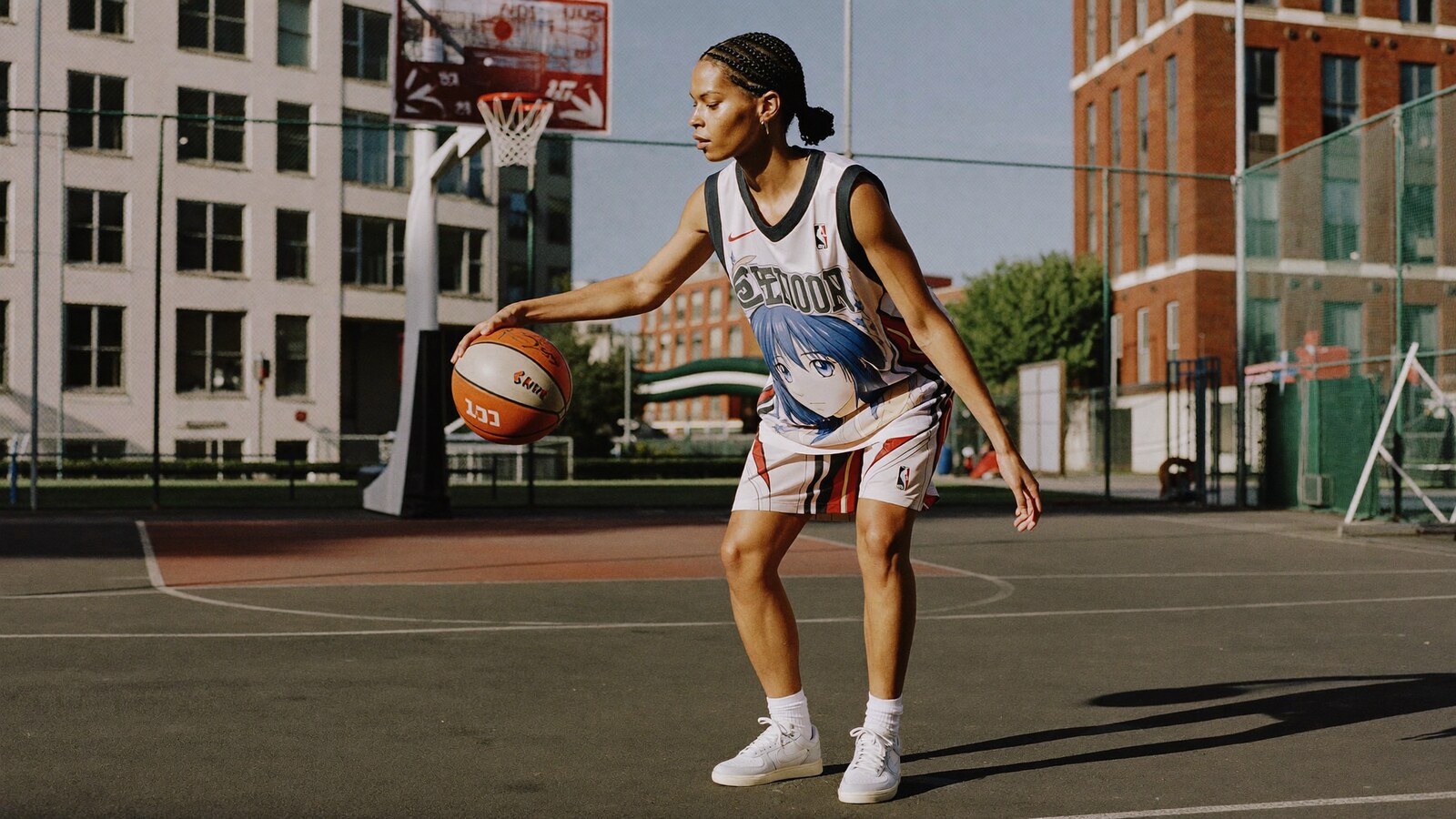 Anime-inspired basketball jerseys styled in a natural daylight scene