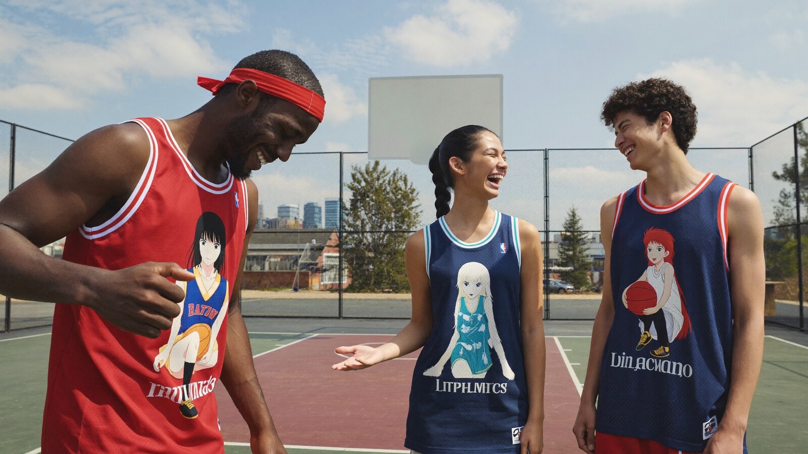 Anime-inspired basketball jerseys in a social or layered scene with friends