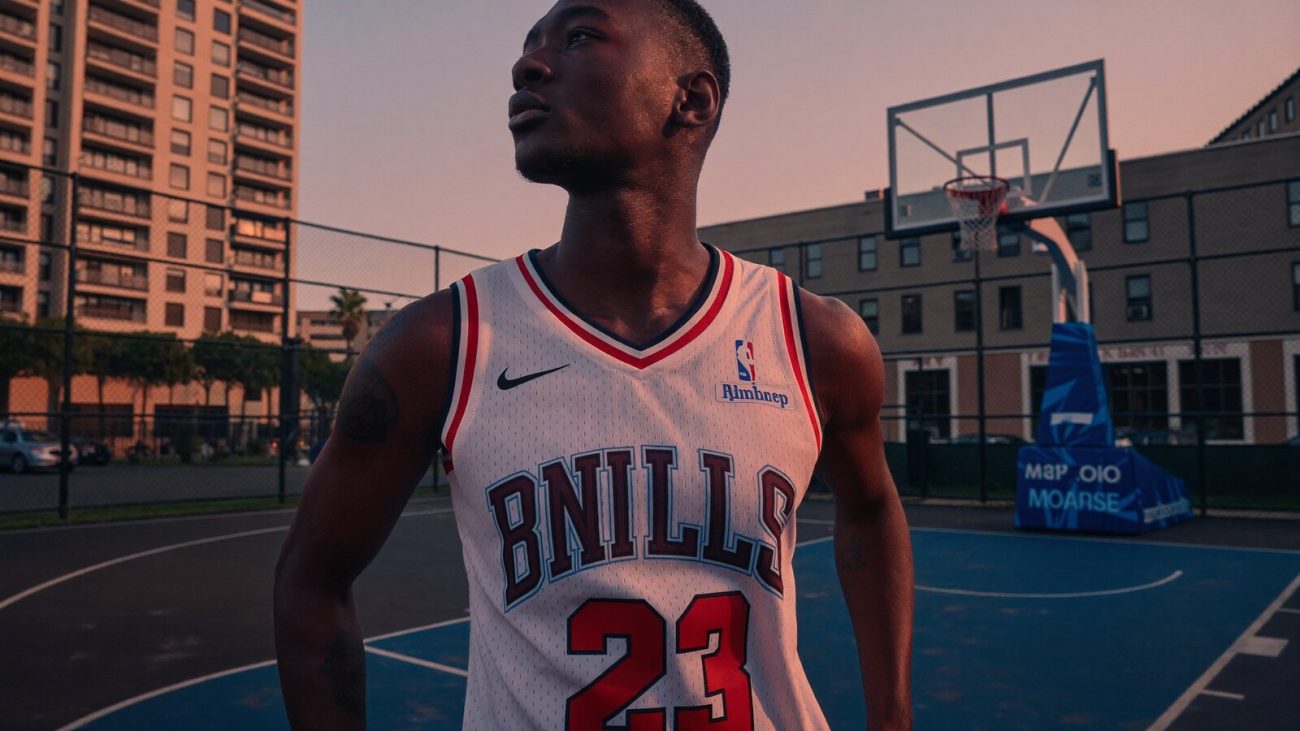 Person wearing an anime-inspired basketball jerseys in an editorial scene