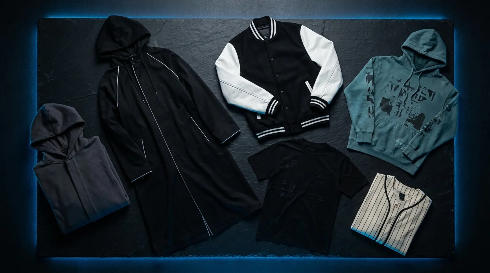 Flat-lay of Bleach shirt and merch including captain cloak coats, varsity jacket, vintage tee, hoodie, and jersey