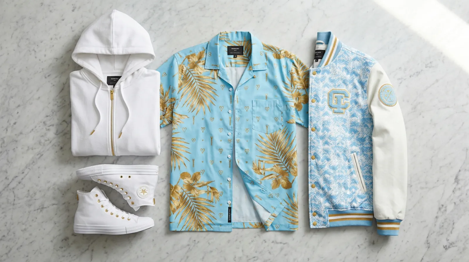 Bruno Bucciarati merch flat lay in white and blue with a hoodie, Hawaiian shirt and sneakers on marble