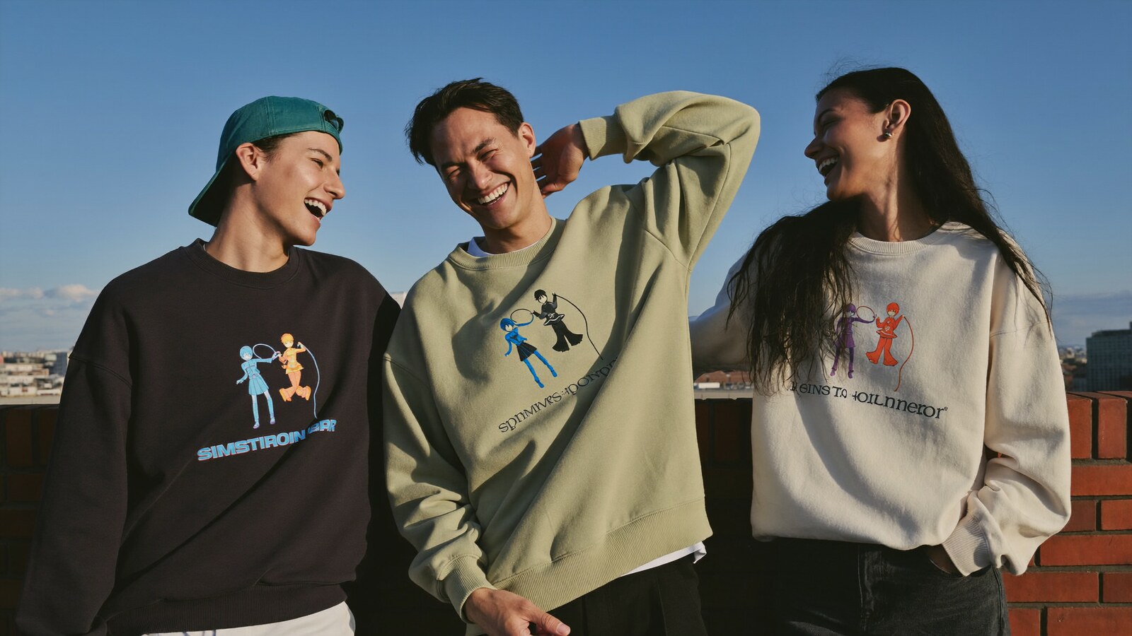 Anime-inspired embroidered sweatshirt in a social or layered scene with friends