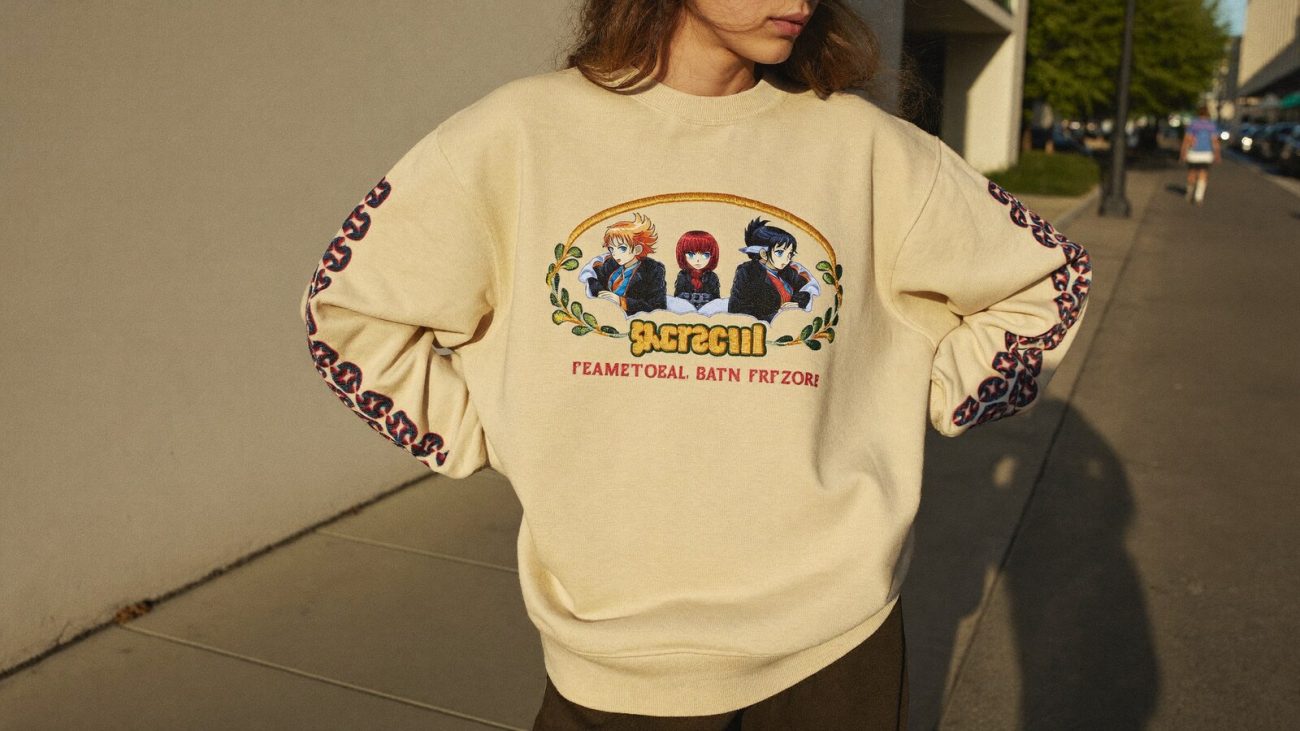 Person wearing an anime-inspired embroidered sweatshirt in an editorial scene