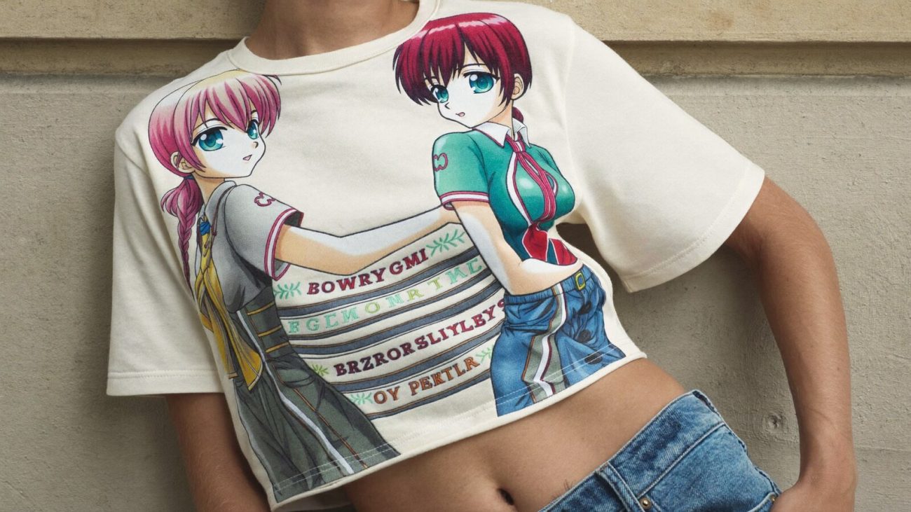 Person wearing an anime-inspired embroidery products in an editorial scene