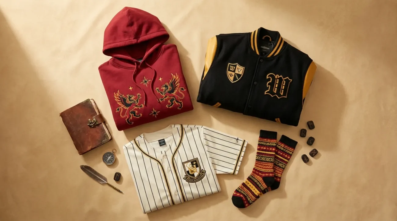 Fairy Tail merch themed apparel flat-lay with red hoodie, varsity jacket, and guild jersey