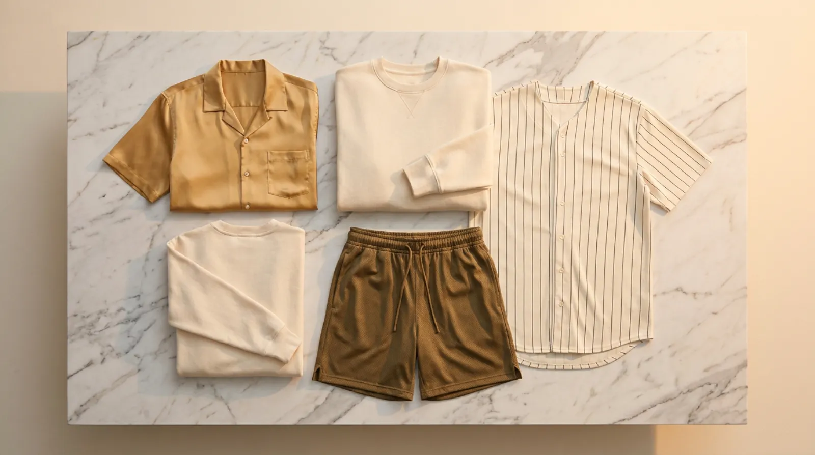 Flat-lay of stylish gold-toned apparel, a styling reference for choosing Giorno Giovanna merch