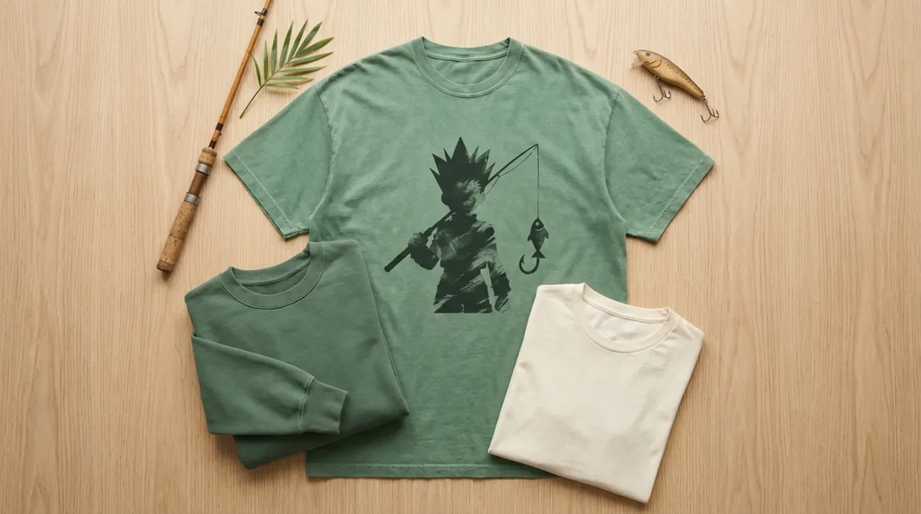 Gon Freecss merch flat lay with oversized green Hunter x Hunter tee, vintage sweatshirt and adventure props on light wood