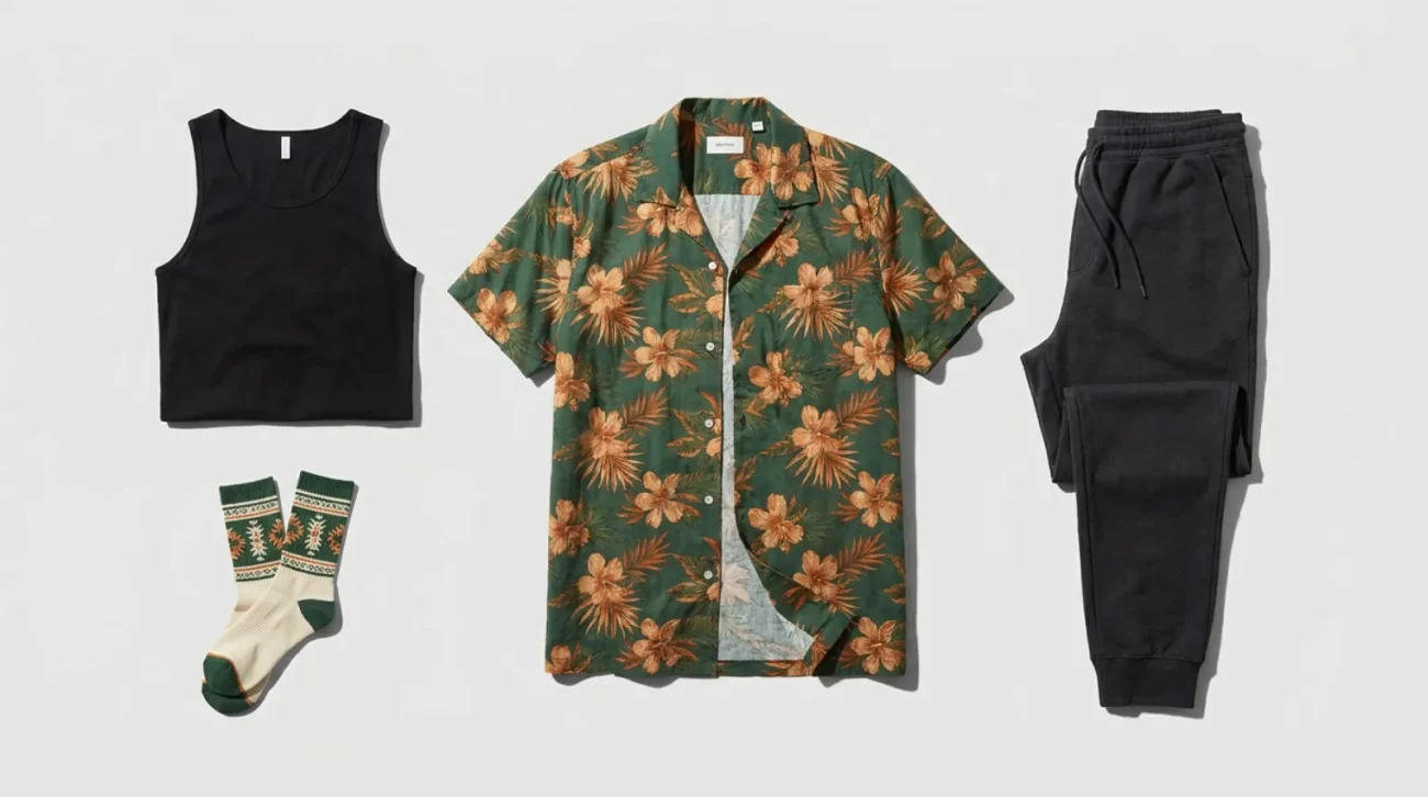 Guido Mista merch apparel flat lay with tank, floral shirt, and joggers