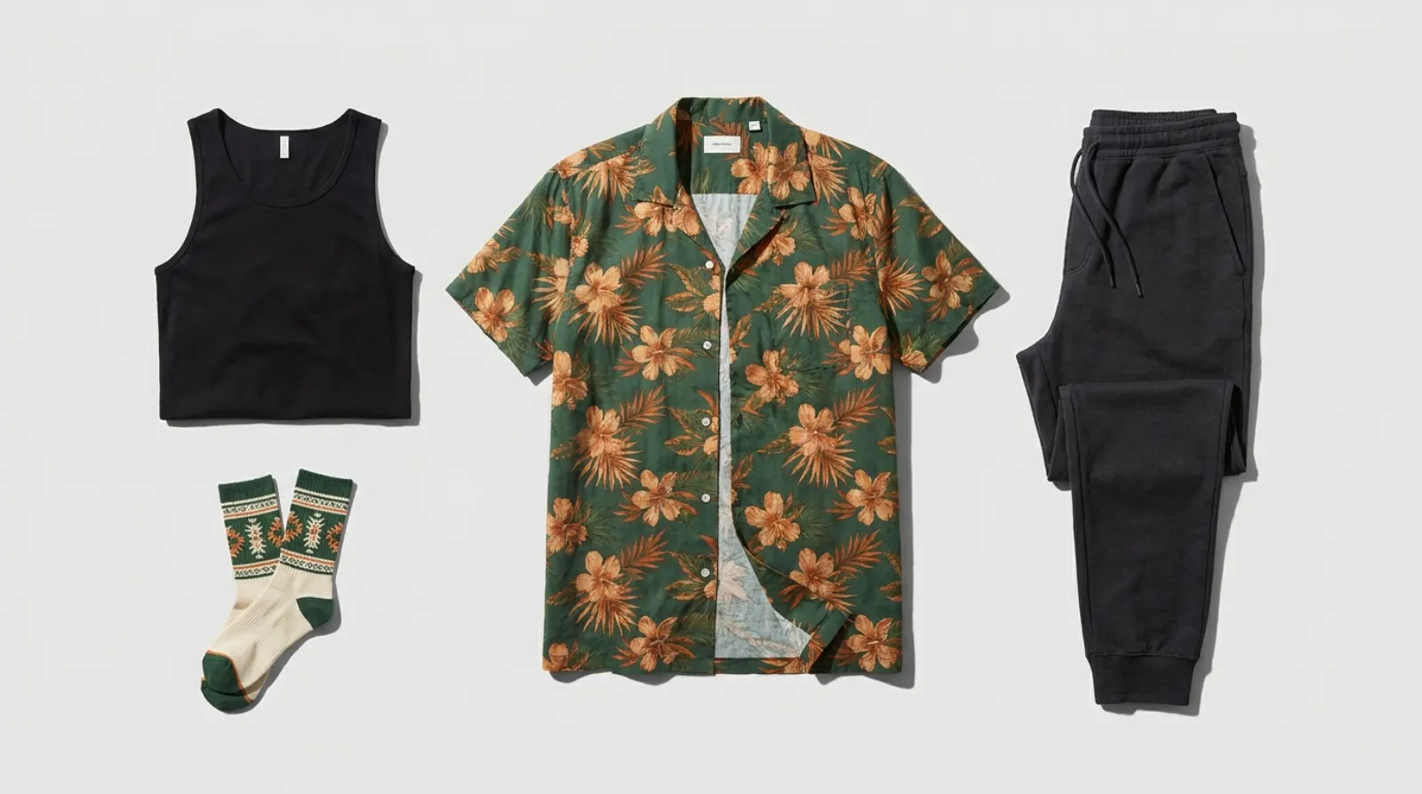 Guido Mista merch apparel flat lay with tank, floral shirt, and joggers